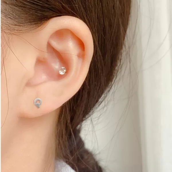 18G Tiny Initial Stud Earrings for Women Girls 925 Sterling Silver 14K Gold Plated Hypoallergenic Cute Small Alphabet Letter Cartilage Tragus 3mm Ball Screw Back Piercing Sensitive EarQ Silver