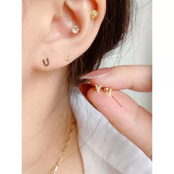 18G Tiny Initial Stud Earrings for Women Girls 925 Sterling Silver 14K Gold Plated Hypoallergenic Cute Small Alphabet Letter Cartilage Tragus 3mm Ball Screw Back Piercing Sensitive EarI Gold