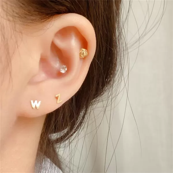 18G Tiny Initial Stud Earrings for Women Girls 925 Sterling Silver 14K Gold Plated Hypoallergenic Cute Small Alphabet Letter Cartilage Tragus 3mm Ball Screw Back Piercing Sensitive EarW Gold
