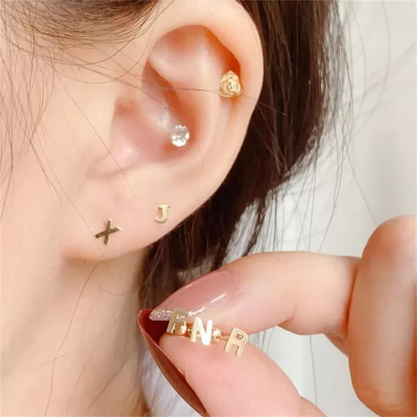 18G Tiny Initial Stud Earrings for Women Girls 925 Sterling Silver 14K Gold Plated Hypoallergenic Cute Small Alphabet Letter Cartilage Tragus 3mm Ball Screw Back Piercing Sensitive EarJ Gold