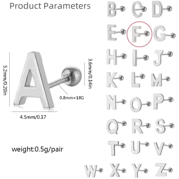 18G Tiny Initial Stud Earrings for Women Girls 925 Sterling Silver 14K Gold Plated Hypoallergenic Cute Small Alphabet Letter Cartilage Tragus 3mm Ball Screw Back Piercing Sensitive EarF Silver