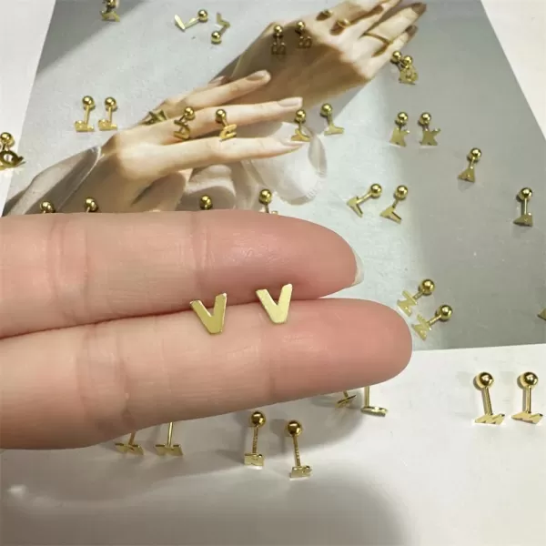 18G Tiny Initial Stud Earrings for Women Girls 925 Sterling Silver 14K Gold Plated Hypoallergenic Cute Small Alphabet Letter Cartilage Tragus 3mm Ball Screw Back Piercing Sensitive EarV Gold