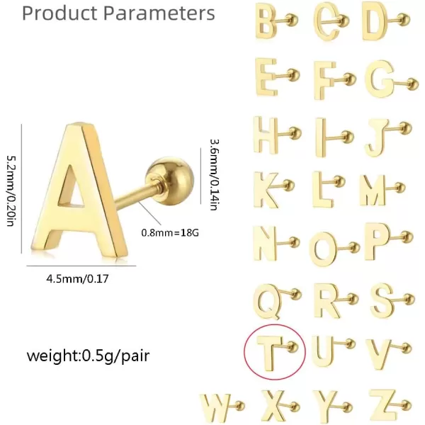 18G Tiny Initial Stud Earrings for Women Girls 925 Sterling Silver 14K Gold Plated Hypoallergenic Cute Small Alphabet Letter Cartilage Tragus 3mm Ball Screw Back Piercing Sensitive EarT Gold