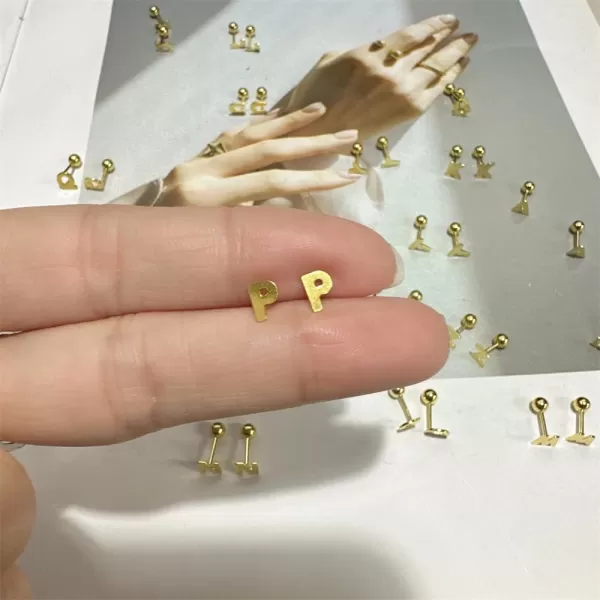 18G Tiny Initial Stud Earrings for Women Girls 925 Sterling Silver 14K Gold Plated Hypoallergenic Cute Small Alphabet Letter Cartilage Tragus 3mm Ball Screw Back Piercing Sensitive EarP Gold