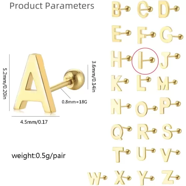 18G Tiny Initial Stud Earrings for Women Girls 925 Sterling Silver 14K Gold Plated Hypoallergenic Cute Small Alphabet Letter Cartilage Tragus 3mm Ball Screw Back Piercing Sensitive EarI Gold