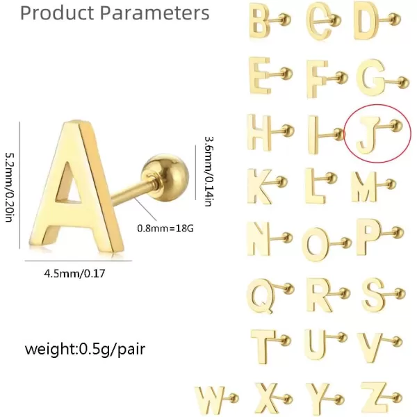 18G Tiny Initial Stud Earrings for Women Girls 925 Sterling Silver 14K Gold Plated Hypoallergenic Cute Small Alphabet Letter Cartilage Tragus 3mm Ball Screw Back Piercing Sensitive EarJ Gold