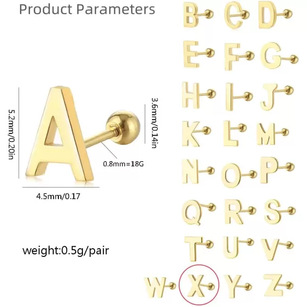 18G Tiny Initial Stud Earrings for Women Girls 925 Sterling Silver 14K Gold Plated Hypoallergenic Cute Small Alphabet Letter Cartilage Tragus 3mm Ball Screw Back Piercing Sensitive EarX Gold