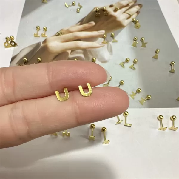 18G Tiny Initial Stud Earrings for Women Girls 925 Sterling Silver 14K Gold Plated Hypoallergenic Cute Small Alphabet Letter Cartilage Tragus 3mm Ball Screw Back Piercing Sensitive EarU Gold