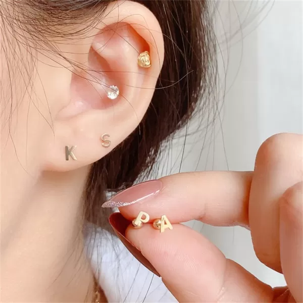 18G Tiny Initial Stud Earrings for Women Girls 925 Sterling Silver 14K Gold Plated Hypoallergenic Cute Small Alphabet Letter Cartilage Tragus 3mm Ball Screw Back Piercing Sensitive EarK Gold