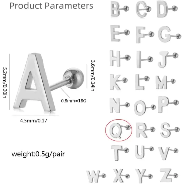 18G Tiny Initial Stud Earrings for Women Girls 925 Sterling Silver 14K Gold Plated Hypoallergenic Cute Small Alphabet Letter Cartilage Tragus 3mm Ball Screw Back Piercing Sensitive EarQ Silver