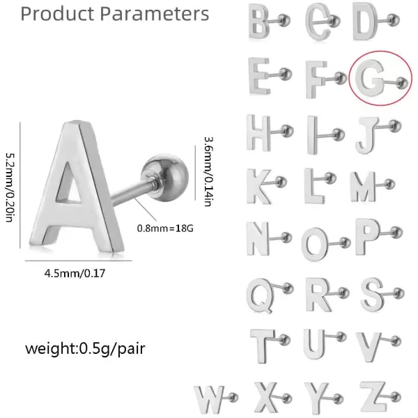 18G Tiny Initial Stud Earrings for Women Girls 925 Sterling Silver 14K Gold Plated Hypoallergenic Cute Small Alphabet Letter Cartilage Tragus 3mm Ball Screw Back Piercing Sensitive EarG Silver