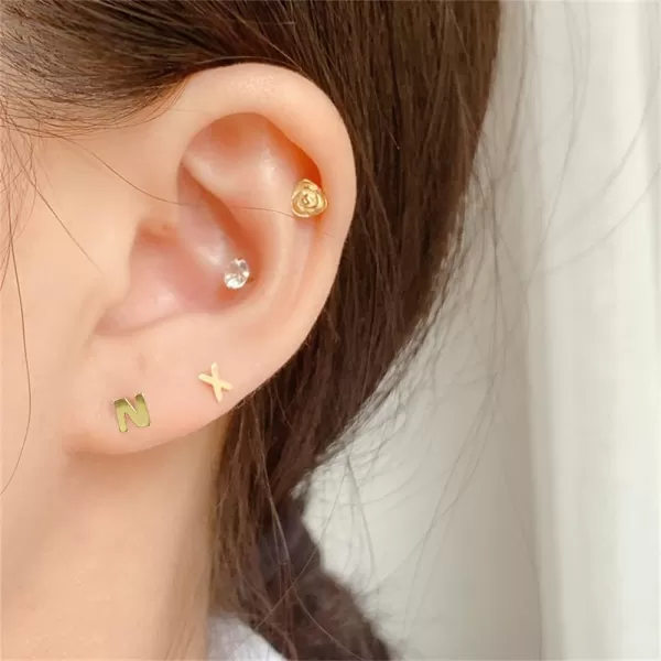 18G Tiny Initial Stud Earrings for Women Girls 925 Sterling Silver 14K Gold Plated Hypoallergenic Cute Small Alphabet Letter Cartilage Tragus 3mm Ball Screw Back Piercing Sensitive EarN Gold