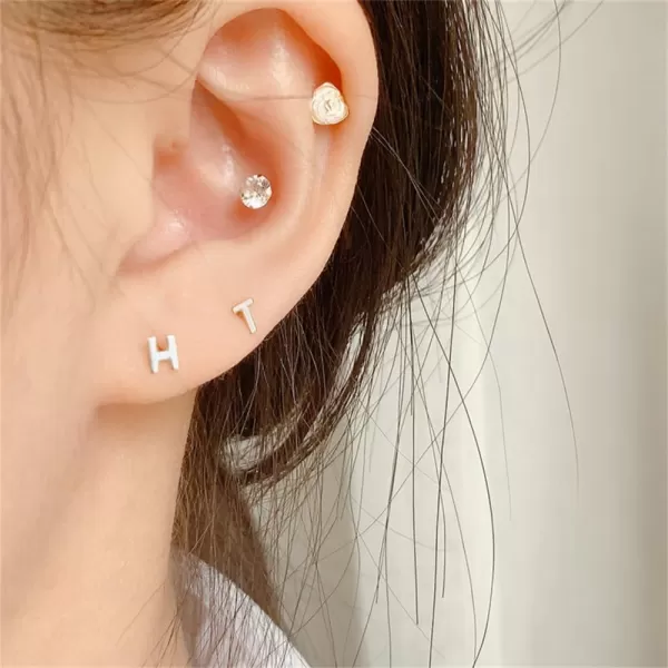18G Tiny Initial Stud Earrings for Women Girls 925 Sterling Silver 14K Gold Plated Hypoallergenic Cute Small Alphabet Letter Cartilage Tragus 3mm Ball Screw Back Piercing Sensitive EarT Silver