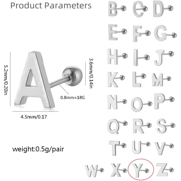 18G Tiny Initial Stud Earrings for Women Girls 925 Sterling Silver 14K Gold Plated Hypoallergenic Cute Small Alphabet Letter Cartilage Tragus 3mm Ball Screw Back Piercing Sensitive EarY Silver