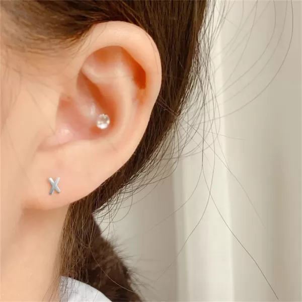 18G Tiny Initial Stud Earrings for Women Girls 925 Sterling Silver 14K Gold Plated Hypoallergenic Cute Small Alphabet Letter Cartilage Tragus 3mm Ball Screw Back Piercing Sensitive EarX Silver