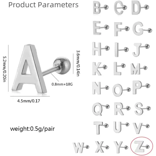 18G Tiny Initial Stud Earrings for Women Girls 925 Sterling Silver 14K Gold Plated Hypoallergenic Cute Small Alphabet Letter Cartilage Tragus 3mm Ball Screw Back Piercing Sensitive EarZ Silver