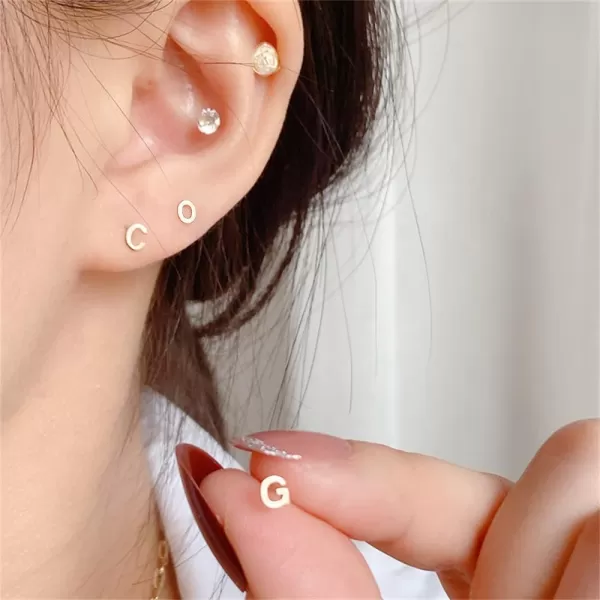 18G Tiny Initial Stud Earrings for Women Girls 925 Sterling Silver 14K Gold Plated Hypoallergenic Cute Small Alphabet Letter Cartilage Tragus 3mm Ball Screw Back Piercing Sensitive EarO Silver
