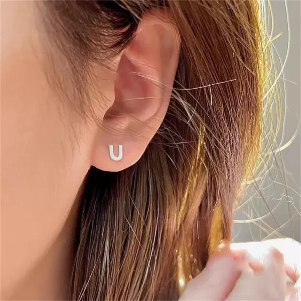 18G Tiny Initial Stud Earrings for Women Girls 925 Sterling Silver 14K Gold Plated Hypoallergenic Cute Small Alphabet Letter Cartilage Tragus 3mm Ball Screw Back Piercing Sensitive EarU Silver