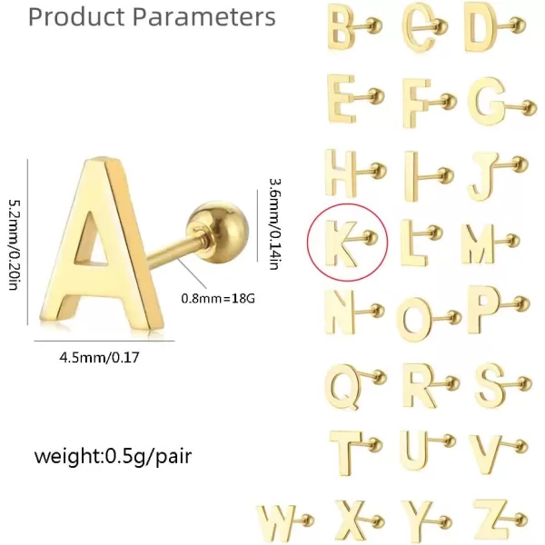 18G Tiny Initial Stud Earrings for Women Girls 925 Sterling Silver 14K Gold Plated Hypoallergenic Cute Small Alphabet Letter Cartilage Tragus 3mm Ball Screw Back Piercing Sensitive EarK Gold