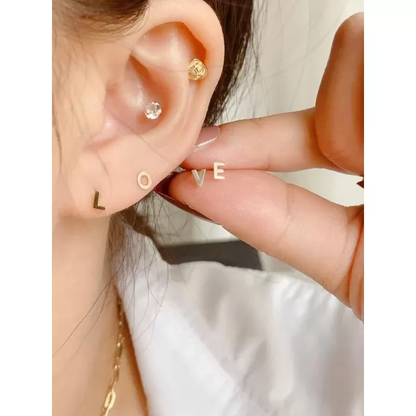 18G Tiny Initial Stud Earrings for Women Girls 925 Sterling Silver 14K Gold Plated Hypoallergenic Cute Small Alphabet Letter Cartilage Tragus 3mm Ball Screw Back Piercing Sensitive EarV Gold