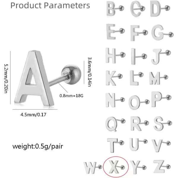 18G Tiny Initial Stud Earrings for Women Girls 925 Sterling Silver 14K Gold Plated Hypoallergenic Cute Small Alphabet Letter Cartilage Tragus 3mm Ball Screw Back Piercing Sensitive EarX Silver