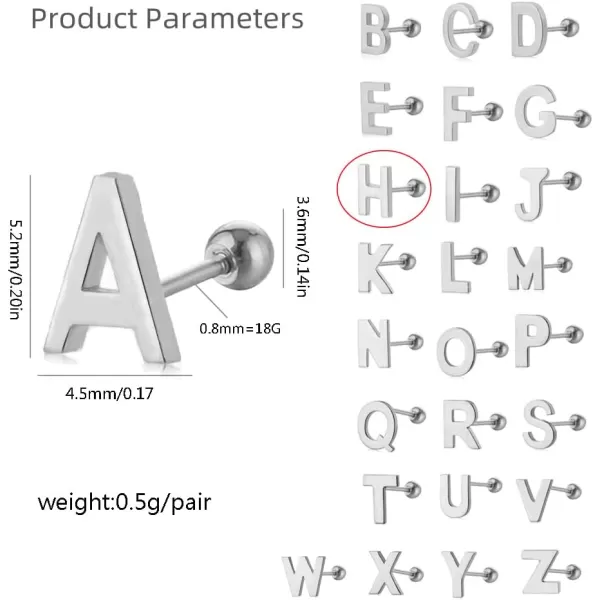 18G Tiny Initial Stud Earrings for Women Girls 925 Sterling Silver 14K Gold Plated Hypoallergenic Cute Small Alphabet Letter Cartilage Tragus 3mm Ball Screw Back Piercing Sensitive EarH Silver