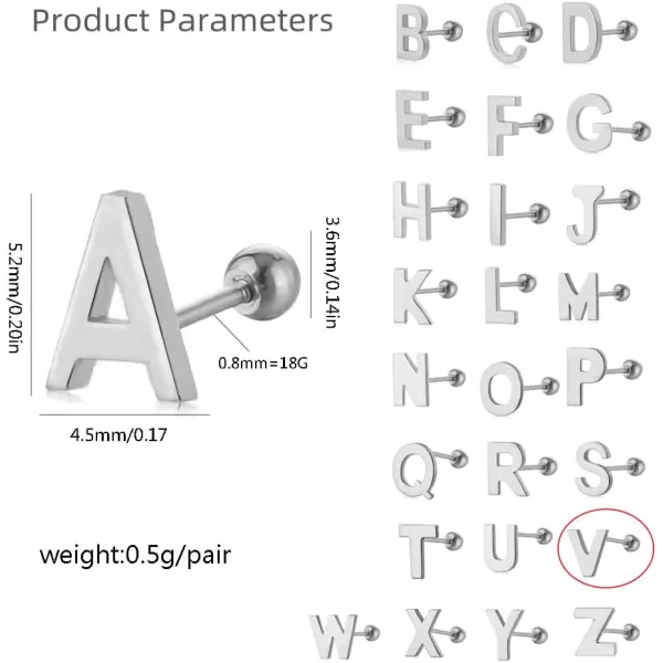 18G Tiny Initial Stud Earrings for Women Girls 925 Sterling Silver 14K Gold Plated Hypoallergenic Cute Small Alphabet Letter Cartilage Tragus 3mm Ball Screw Back Piercing Sensitive EarV Silver