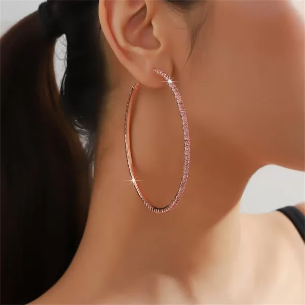 Large Rhinestone Hoop Earrings for Women Girls Hypoallergenic Extra Big 80mm Huggie CZ Hoops Dangle Drop Earring Fashion Chic Party Jewelry Gifts 3 inchGold with Pink CZ