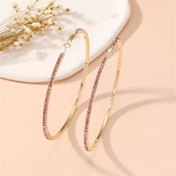 Large Rhinestone Hoop Earrings for Women Girls Hypoallergenic Extra Big 80mm Huggie CZ Hoops Dangle Drop Earring Fashion Chic Party Jewelry Gifts 3 inchGold with Pink CZ