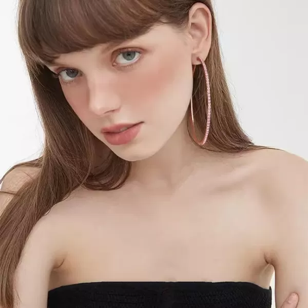 Large Rhinestone Hoop Earrings for Women Girls Hypoallergenic Extra Big 80mm Huggie CZ Hoops Dangle Drop Earring Fashion Chic Party Jewelry Gifts 3 inchRose Gold Pink CZ