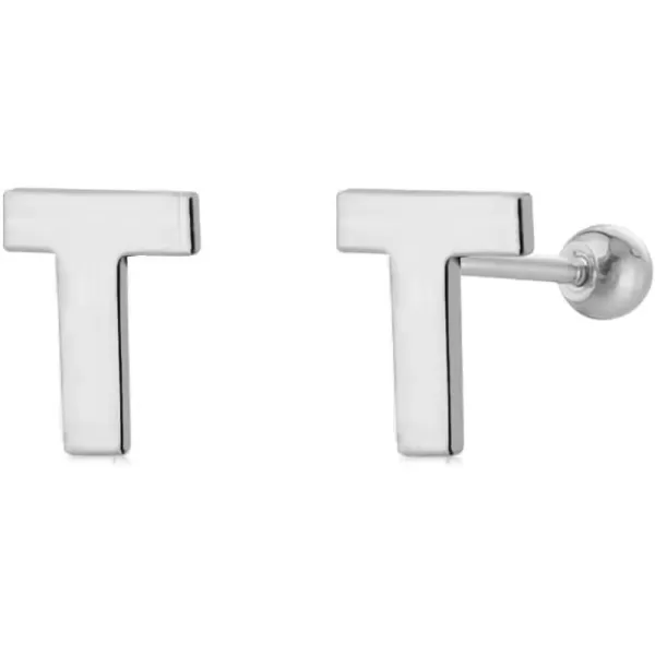 18G Tiny Initial Stud Earrings for Women Girls 925 Sterling Silver 14K Gold Plated Hypoallergenic Cute Small Alphabet Letter Cartilage Tragus 3mm Ball Screw Back Piercing Sensitive EarT Silver