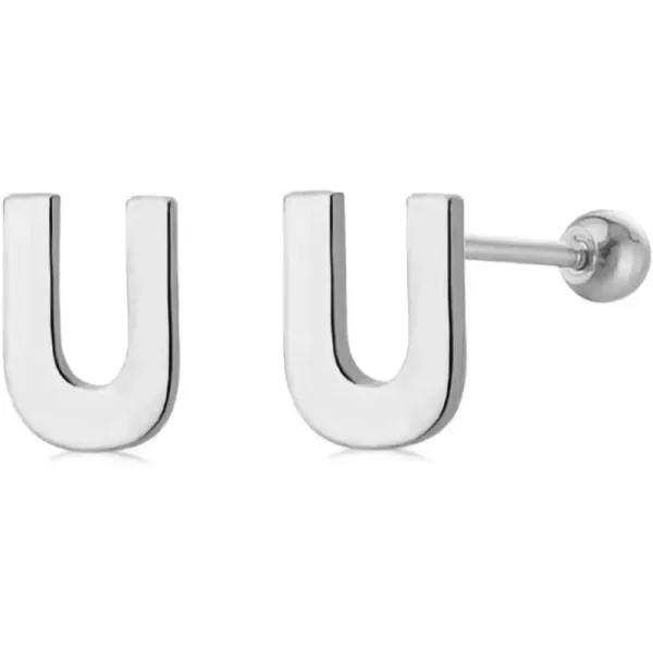 18G Tiny Initial Stud Earrings for Women Girls 925 Sterling Silver 14K Gold Plated Hypoallergenic Cute Small Alphabet Letter Cartilage Tragus 3mm Ball Screw Back Piercing Sensitive EarU Silver