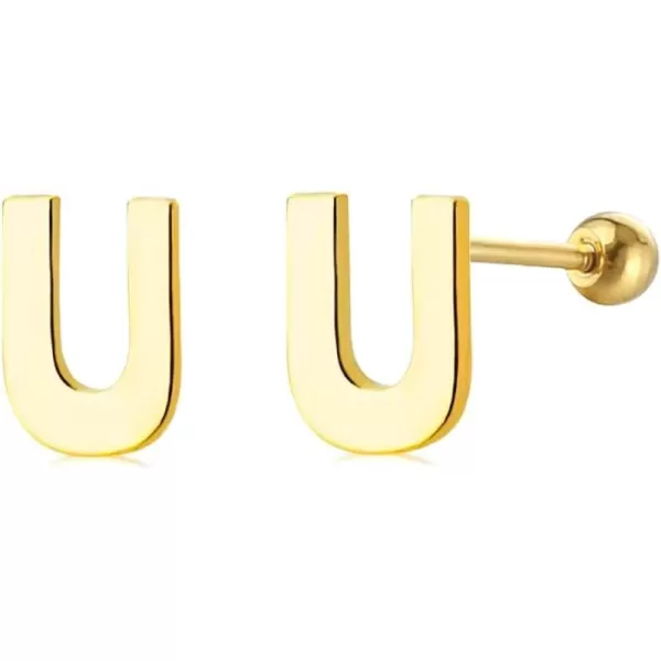 18G Tiny Initial Stud Earrings for Women Girls 925 Sterling Silver 14K Gold Plated Hypoallergenic Cute Small Alphabet Letter Cartilage Tragus 3mm Ball Screw Back Piercing Sensitive EarU Gold