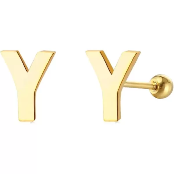 18G Tiny Initial Stud Earrings for Women Girls 925 Sterling Silver 14K Gold Plated Hypoallergenic Cute Small Alphabet Letter Cartilage Tragus 3mm Ball Screw Back Piercing Sensitive EarY Gold