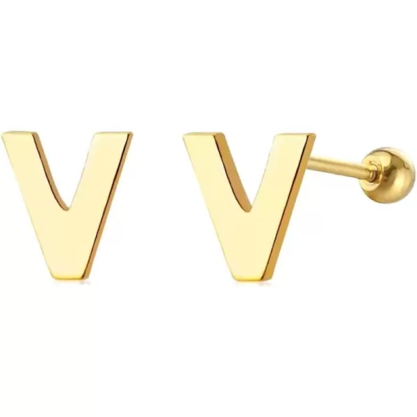 18G Tiny Initial Stud Earrings for Women Girls 925 Sterling Silver 14K Gold Plated Hypoallergenic Cute Small Alphabet Letter Cartilage Tragus 3mm Ball Screw Back Piercing Sensitive EarV Gold