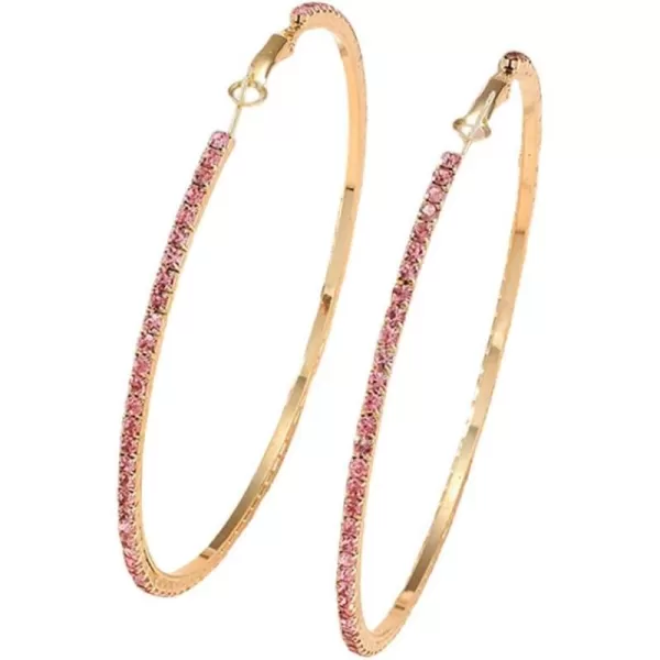 Large Rhinestone Hoop Earrings for Women Girls Hypoallergenic Extra Big 80mm Huggie CZ Hoops Dangle Drop Earring Fashion Chic Party Jewelry Gifts 3 inchGold with Pink CZ