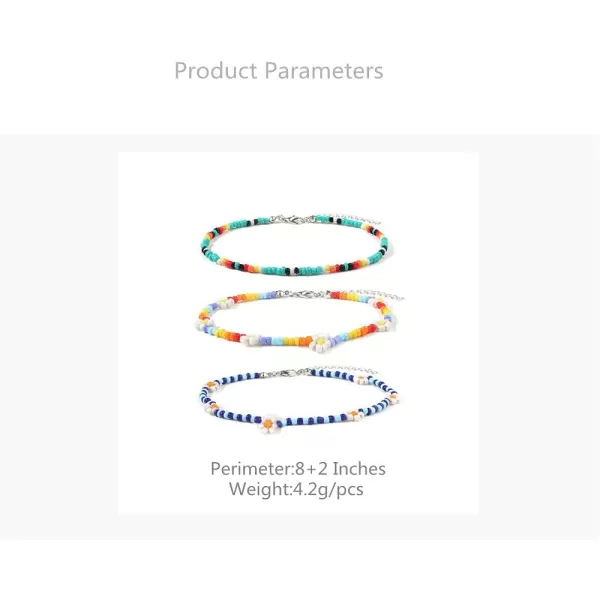 3 PCS Bead Flower Chain Anklet Bracelet Set for Women Resin Cute Daisy Ball Bead Seeds Fashion Colorful Handmade Adjustable Layered Chains Nickel Free Y2K Jewelry