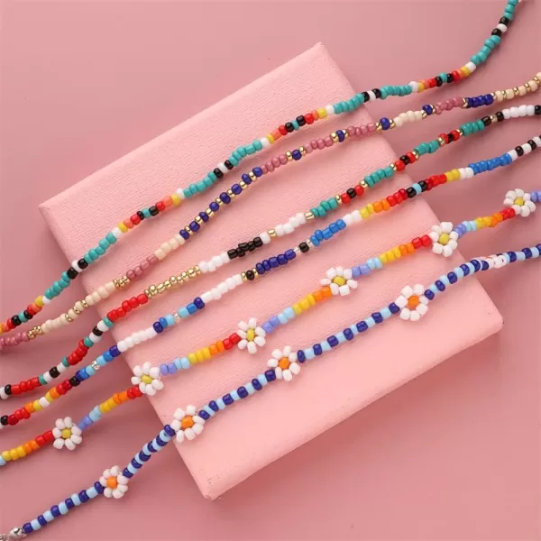 3 PCS Bead Flower Chain Anklet Bracelet Set for Women Resin Cute Daisy Ball Bead Seeds Fashion Colorful Handmade Adjustable Layered Chains Nickel Free Y2K Jewelry