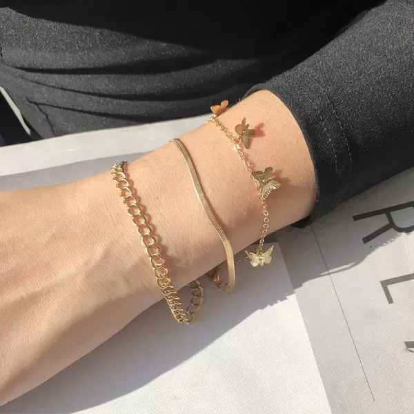3 PCS Charm Chain Bracelets Set for Women Girls Gold Plated Dainty Butterfly Animals Layered Snake Chains Anklet Bracelet Bohemian Adjustable Nickel Free Retro Birthday Party Vacation Y2K Jewelry
