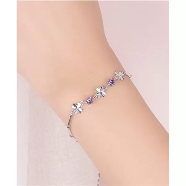 Amethyst CZ Heart Clover Flower Bracelet for Women 14K White Gold Plated Cubic Zirconia Birthstone Love Charms Adjustable Rectangle Bamboo Chains Fashion Dainty Jewelry Birthday Wedding
