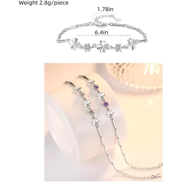 Amethyst CZ Heart Clover Flower Bracelet for Women 14K White Gold Plated Cubic Zirconia Birthstone Love Charms Adjustable Rectangle Bamboo Chains Fashion Dainty Jewelry Birthday Wedding