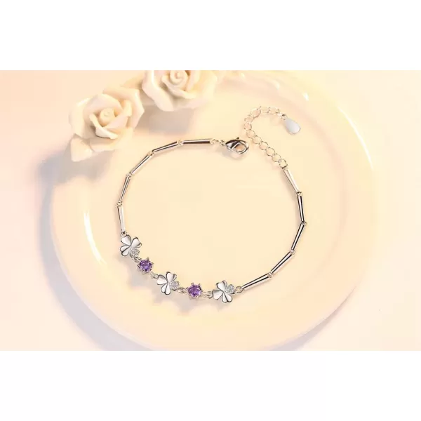 Amethyst CZ Heart Clover Flower Bracelet for Women 14K White Gold Plated Cubic Zirconia Birthstone Love Charms Adjustable Rectangle Bamboo Chains Fashion Dainty Jewelry Birthday Wedding
