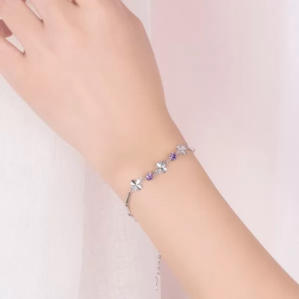 Amethyst CZ Heart Clover Flower Bracelet for Women 14K White Gold Plated Cubic Zirconia Birthstone Love Charms Adjustable Rectangle Bamboo Chains Fashion Dainty Jewelry Birthday Wedding