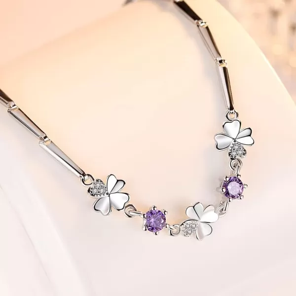 Amethyst CZ Heart Clover Flower Bracelet for Women 14K White Gold Plated Cubic Zirconia Birthstone Love Charms Adjustable Rectangle Bamboo Chains Fashion Dainty Jewelry Birthday Wedding