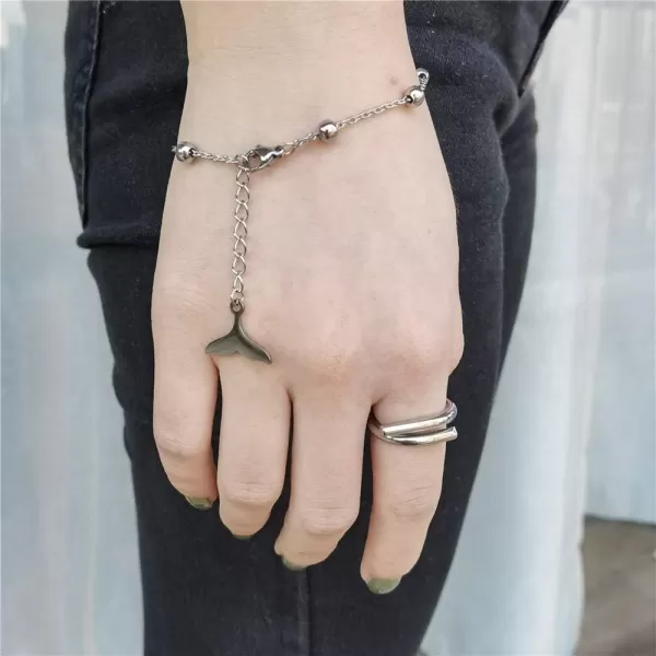 Dtja Unisex Mermaid Tail Bracelet for Men Women Stainless Steel Punk Polished Ball Bead Hand Chain with Charm Whale Fishtail Adjustable Fashion Jewelry for Him Kpop Fans