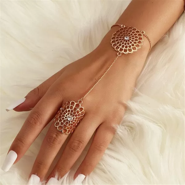 Filigree Flower Ring Bracelet for Women Girls 14K Gold Plated Dainty CZ Crystal Lace Slave Hand Chain Harness Bangle Boho Gypsy Bollywood Wedding Birthday Retro Party Y2K Jewelry 2 Pieces