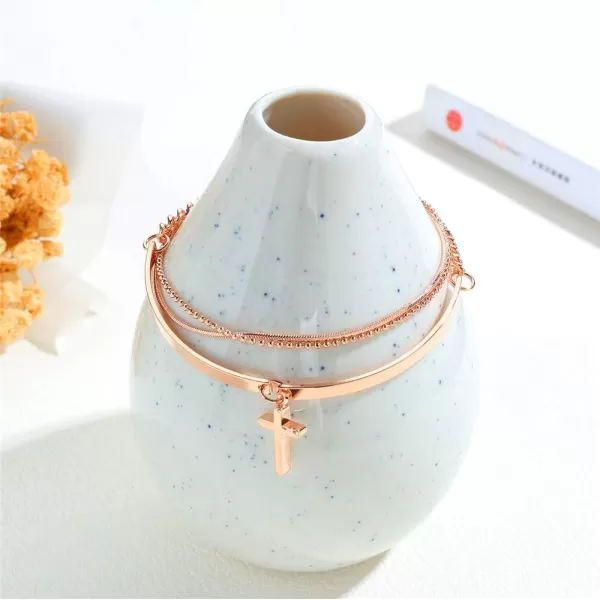 Layered Charm Cross Bracelet for Women Girls Metal 18K Rose Gold Plated MultiLayer Bangle Wrap Bracelets Hand Chain Adjustable Crucifix Religionary Friendship Jewelry Gift for Best Friend Sister Mom