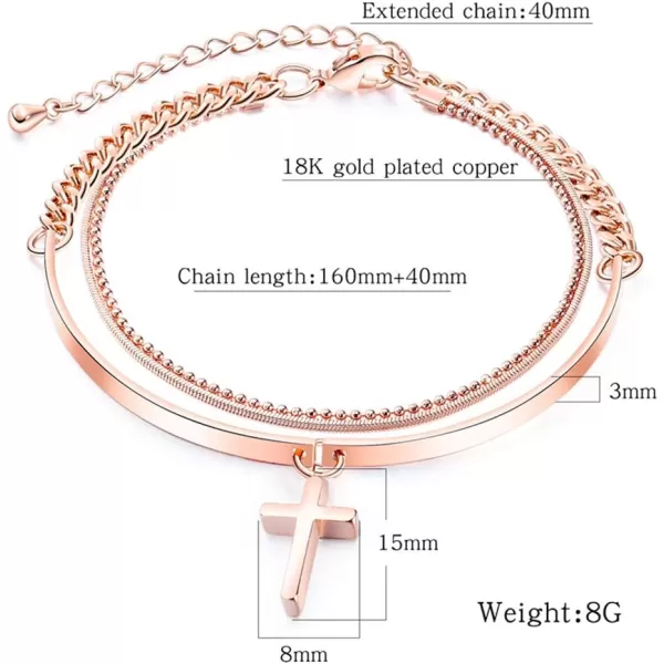 Layered Charm Cross Bracelet for Women Girls Metal 18K Rose Gold Plated MultiLayer Bangle Wrap Bracelets Hand Chain Adjustable Crucifix Religionary Friendship Jewelry Gift for Best Friend Sister Mom