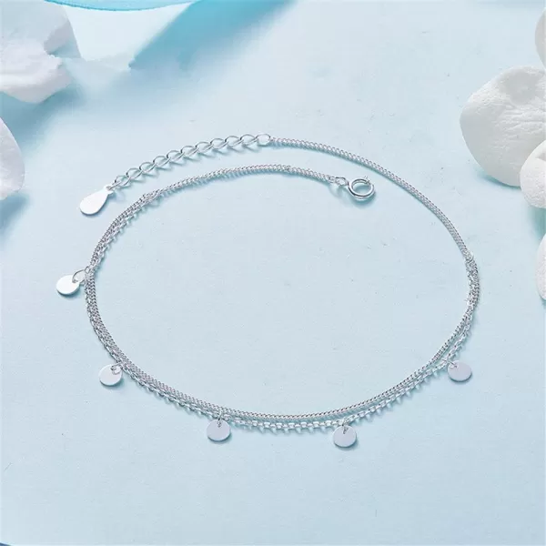 Sterling Silver Layered Anklets for Women Adjustable 2 layer Coin Round Disc Circle Sequins Pendant Drop Adjustable Tassel Foot Chain 10 inch Anklet Bracelet Boho Beach Jewelry
