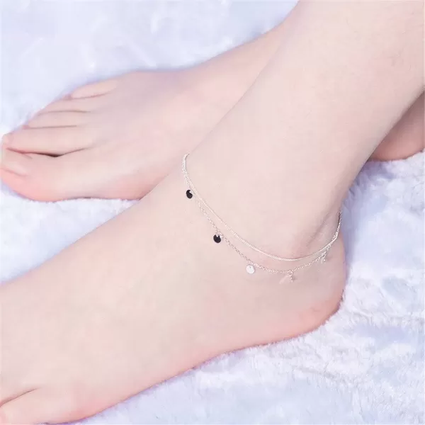 Sterling Silver Layered Anklets for Women Adjustable 2 layer Coin Round Disc Circle Sequins Pendant Drop Adjustable Tassel Foot Chain 10 inch Anklet Bracelet Boho Beach Jewelry